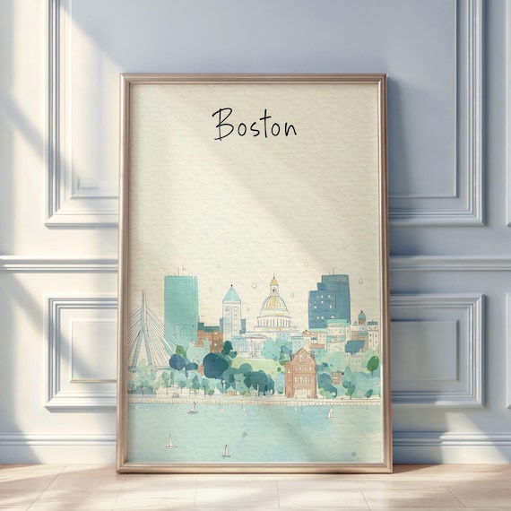 Boston Watercolor Travel Poster, Massachusetts