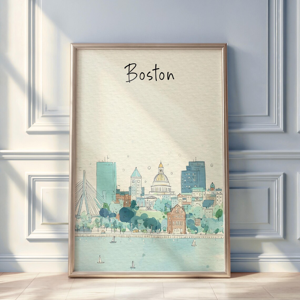 Boston Watercolor Travel Poster, Massachusetts