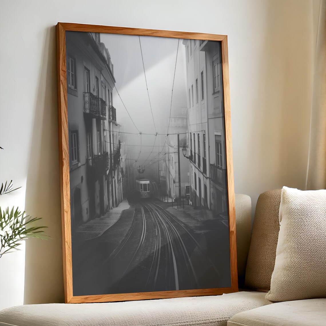 Lisbon Portugal Tram Foggy Old Street Black And White Photo Poster