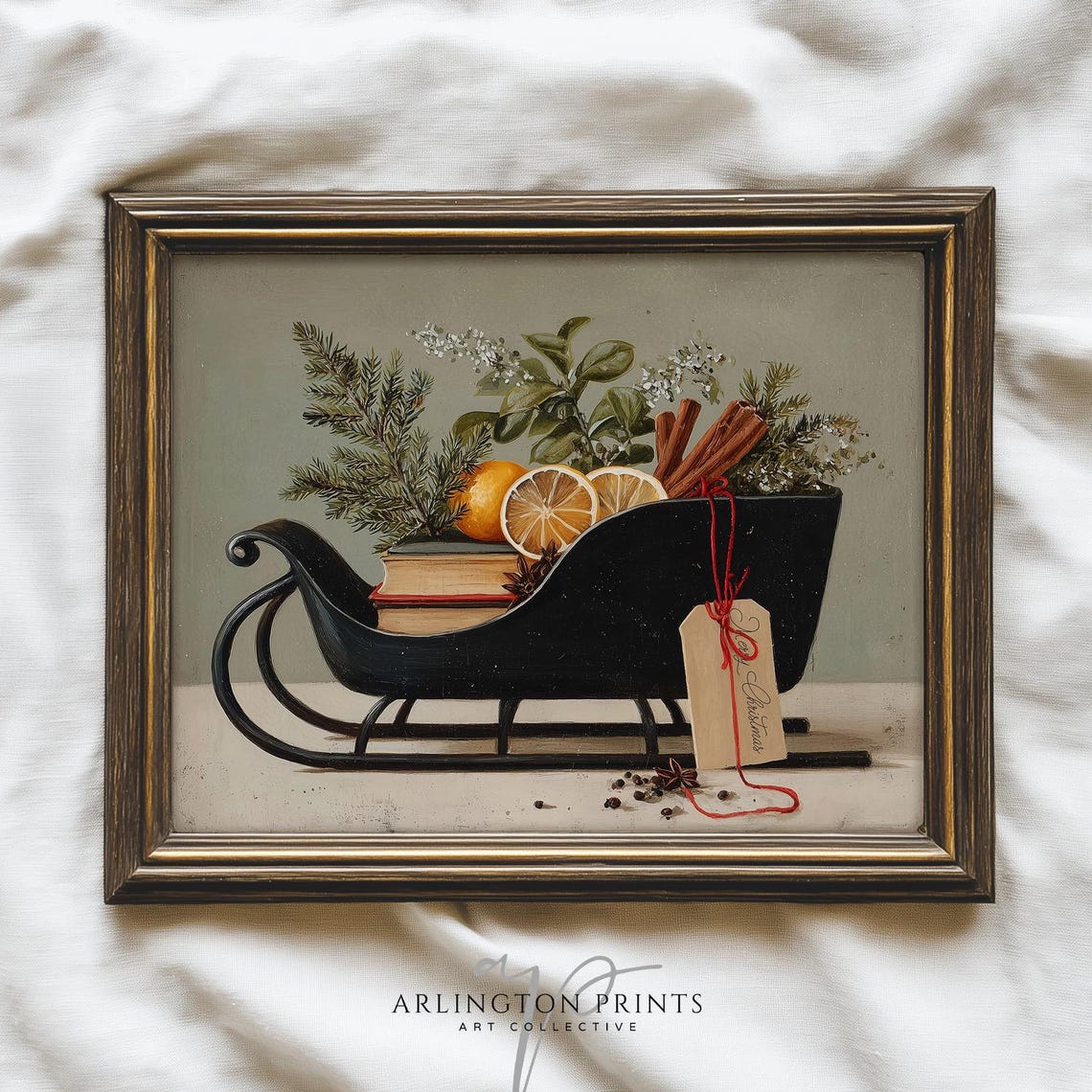 Black Vintage Sleigh Christmas Still Life Books Oranges Poster