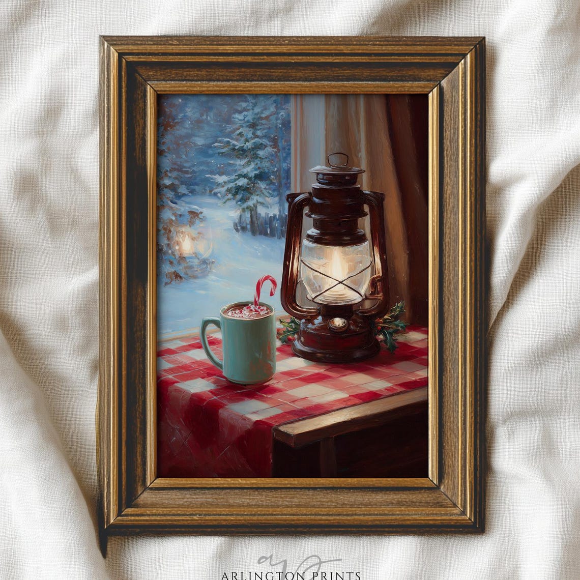 Cozy Christmas Hot Cocoa Lantern by Snowy Window Vintage Poster