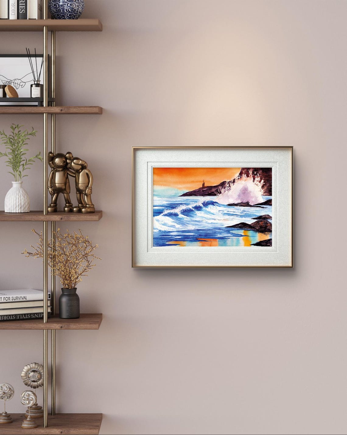 Sunset Ocean Waves Dramatic Rocky Coast Lighthouse Watercolor Print