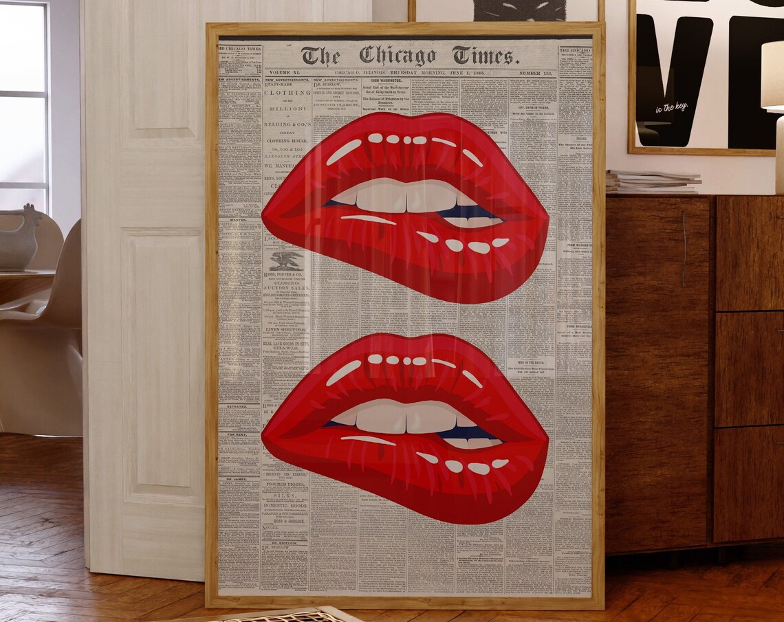 Bold Red Lips Double Pop Art Over Vintage Newspaper Decor Poster