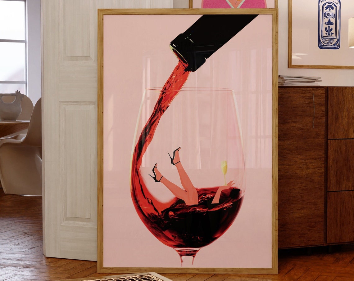 Woman Diving Into Wine Glass Red Wine Pour Fun Bar Decor Poster