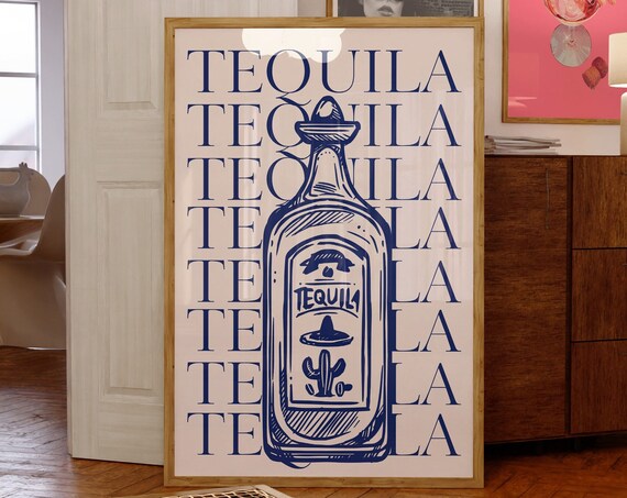 Vintage Navy Tequila Bottle Line Art With Bold Typography Backdrop Poster