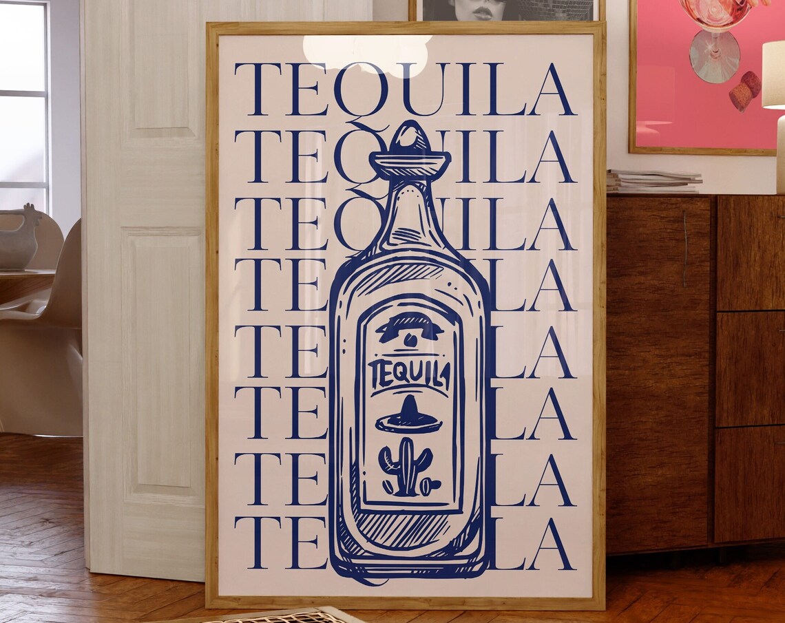 Vintage Navy Tequila Bottle Line Art With Bold Typography Backdrop Poster