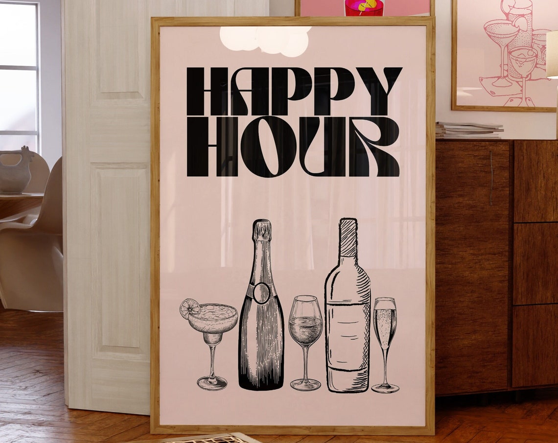 Happy Hour Pink Champagne Wine Retro Bold Typography Bar Poster