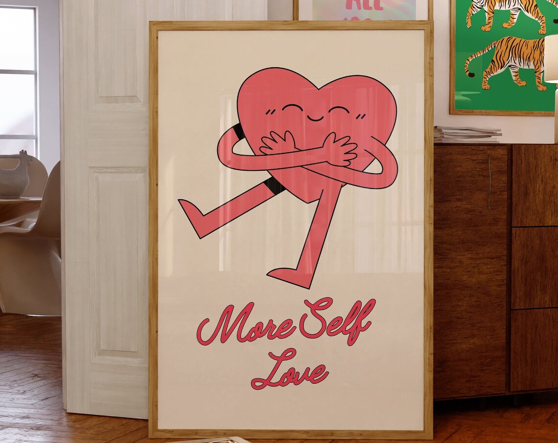 More Self Love Retro Pink Heart Hugging Itself Self Care Poster
