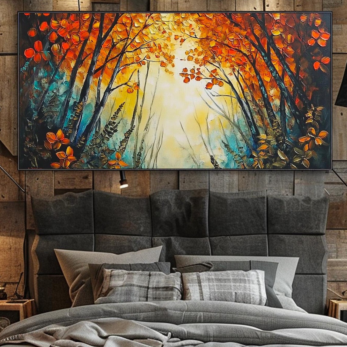 Dramatic Autumn Forest Orange Canopy Glowing Light Textured Wall Art