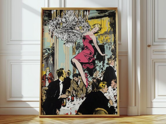 Retro Pop Art Leaping Dancer Red Dress Party Scene Vintage Style Poster