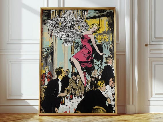 Retro Pop Art Print Vintage Wall Of Coquette Party Woman Hanging On Chandelier