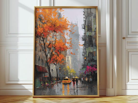 Autumn Rain City Street With Yellow Taxi Impressionist Fall Poster