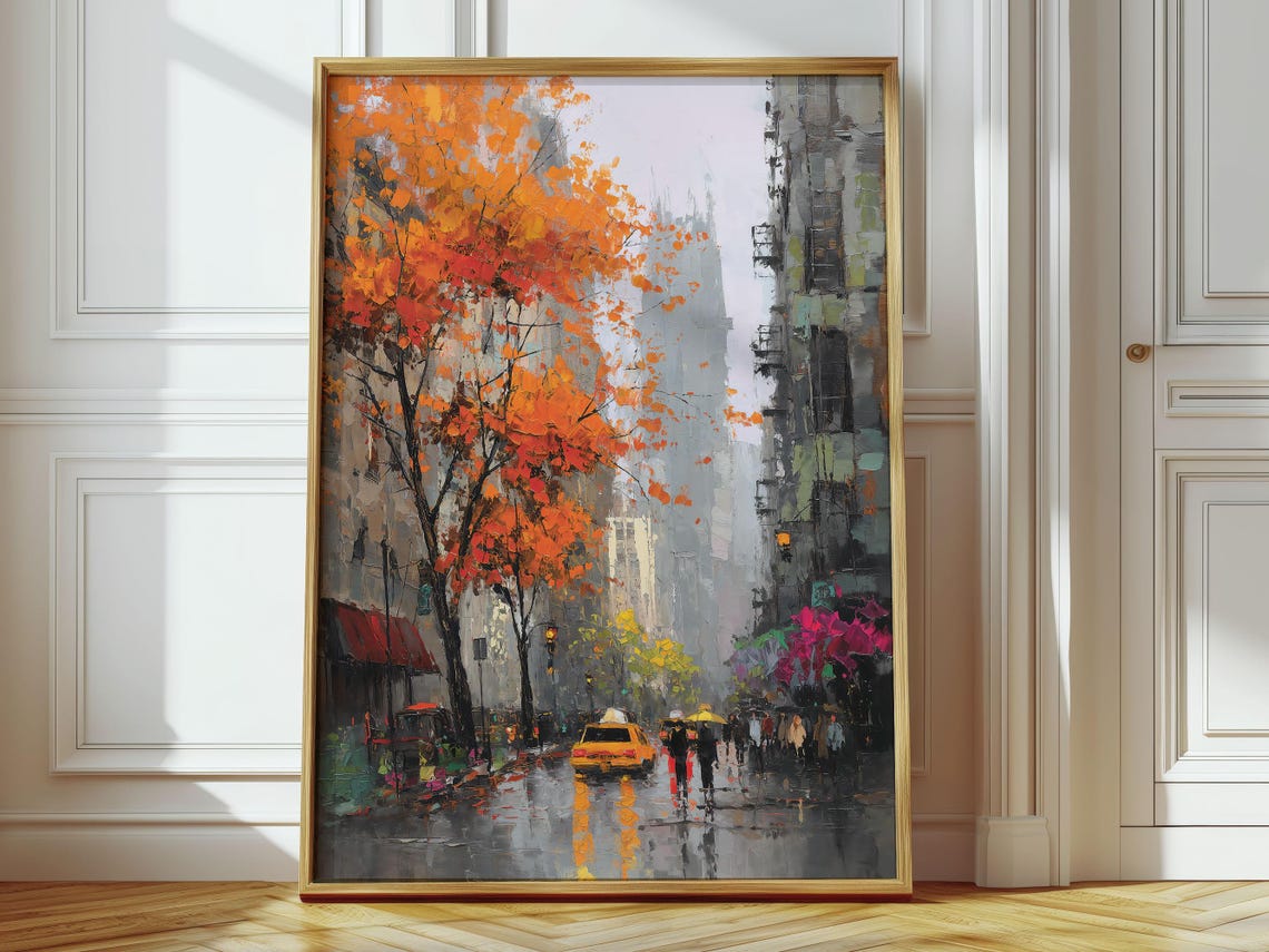 Autumn Rain City Street With Yellow Taxi Impressionist Fall Poster