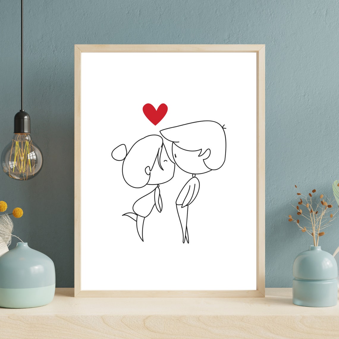 Couple Kissing Line Art Print Red Heart Romantic Love Wall Decor Gift - Image 2