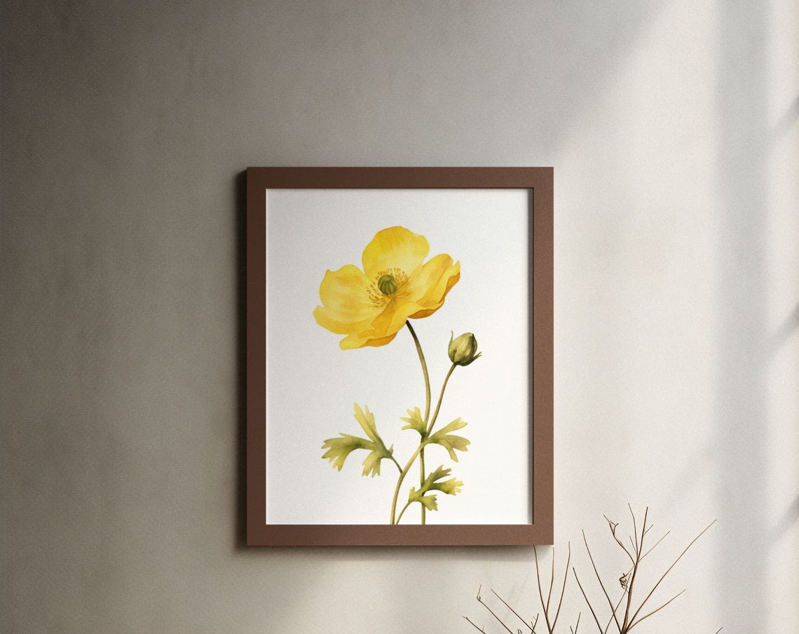 Yellow Buttercup Single Bloom Minimalist Modern Watercolor Poster
