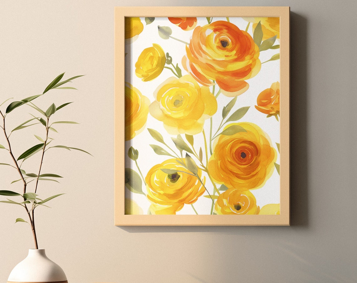 Orange Ranunculus Bloom Pattern Watercolour Botanical Flower Poster