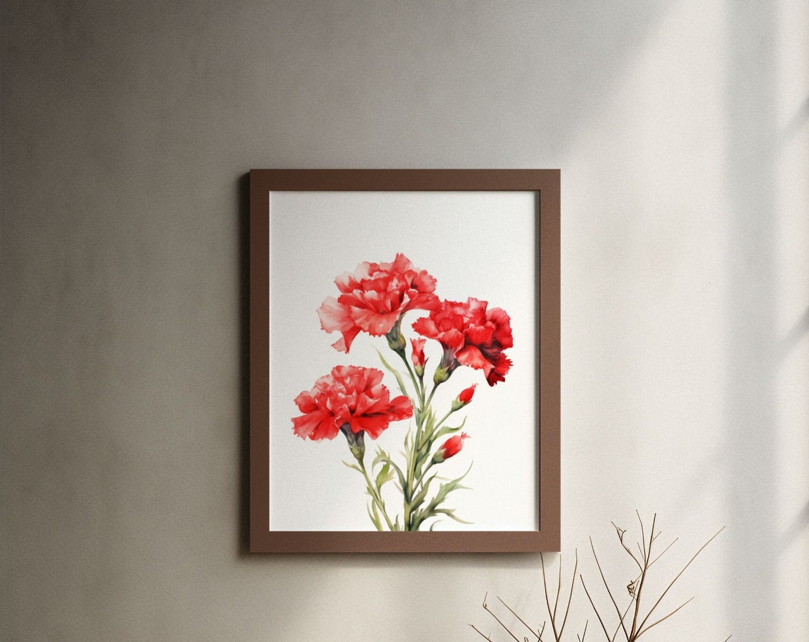 Red Carnation Cluster With Buds Lively Watercolor Art Poster