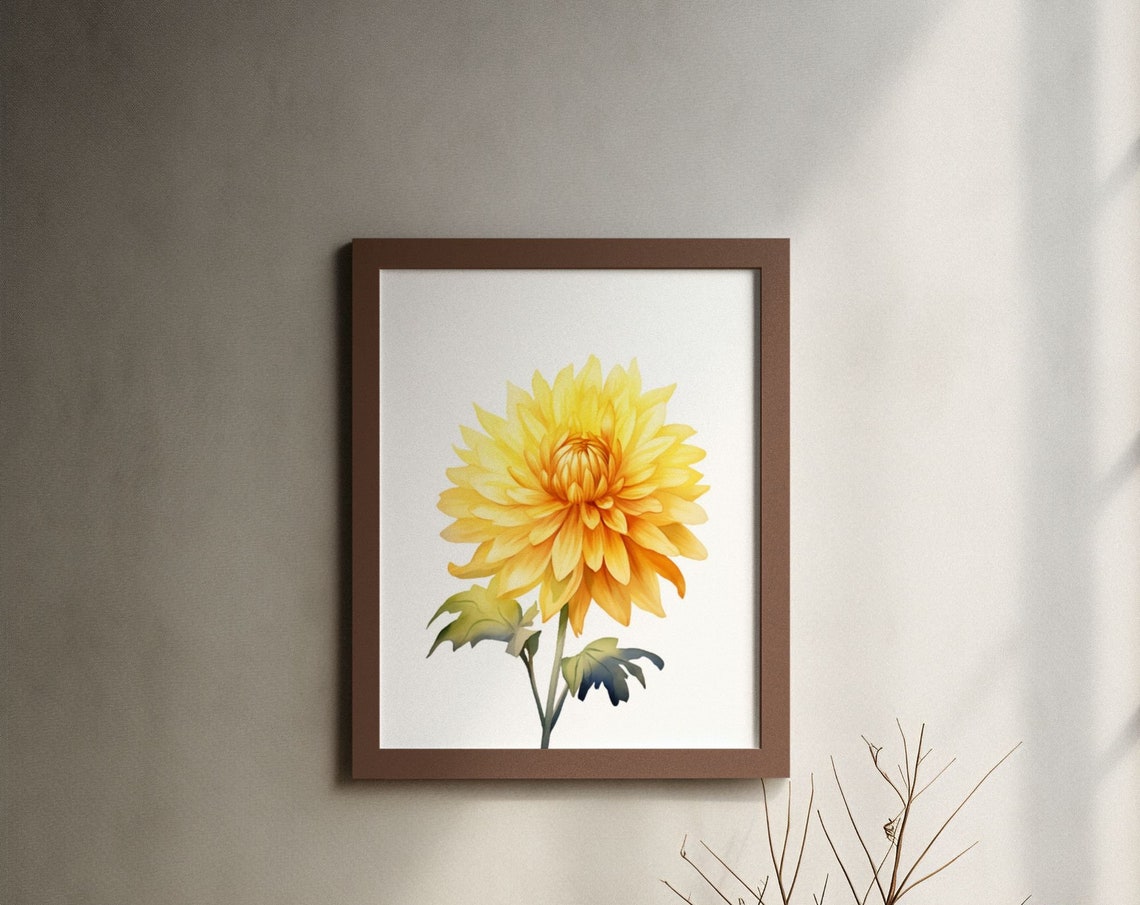 Sunny Yellow Dahlia Blossom Watercolour Botanical Art Poster
