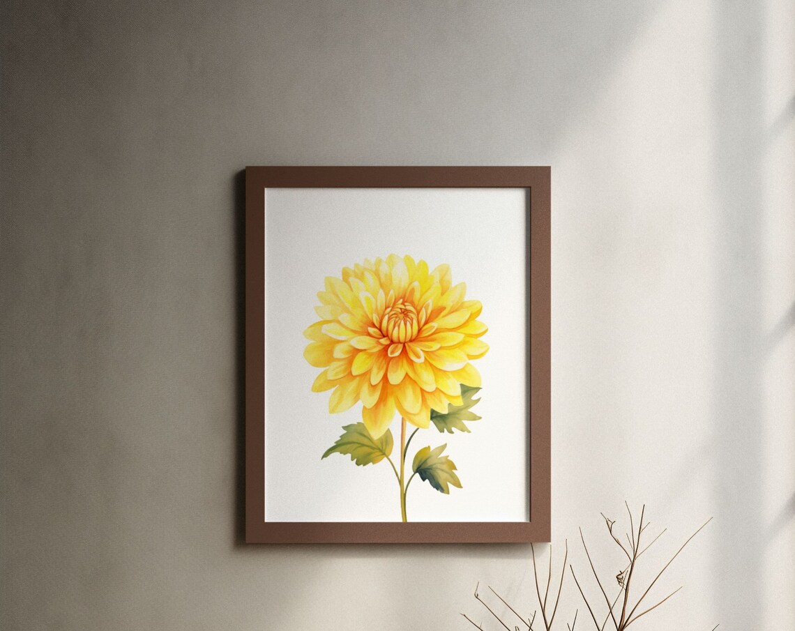 Golden Yellow Dahlia Blossom Watercolour Botanical Art Poster