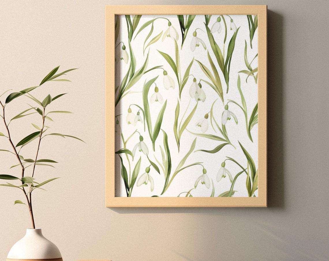 Snowdrop Repeating Floral Pattern Fresh Watercolor Art Poster