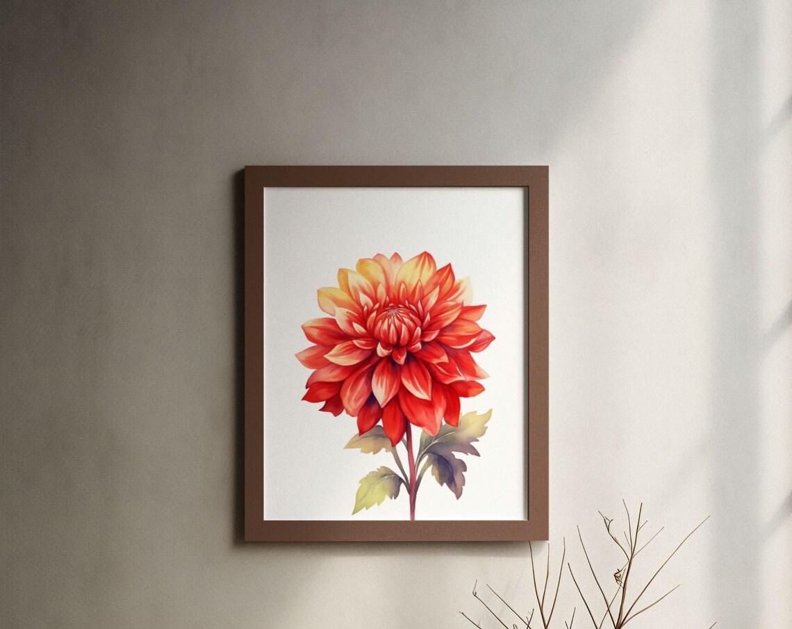 Flame Red Orange Dahlia Golden Tip Watercolour Botanical Art Poster