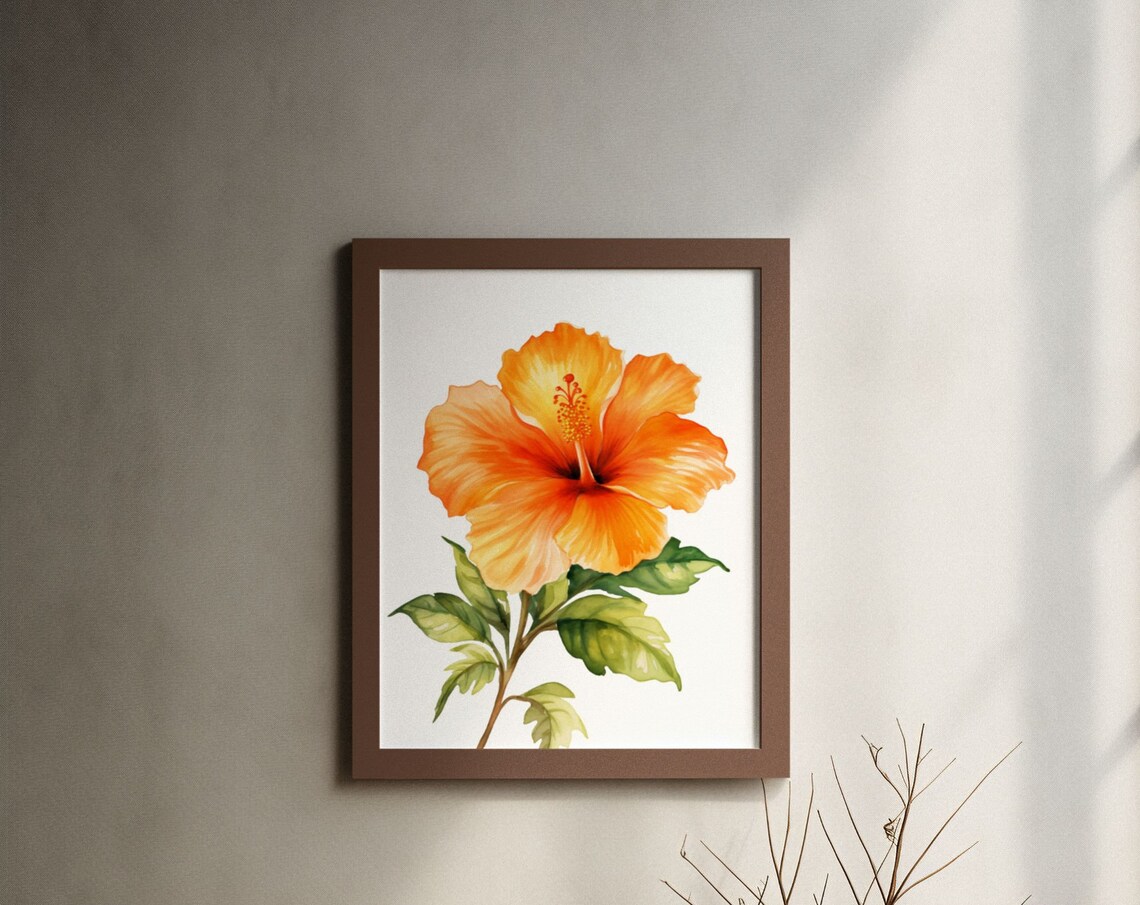Orange Hibiscus Bloom Lush Watercolor Floral Botanical Poster