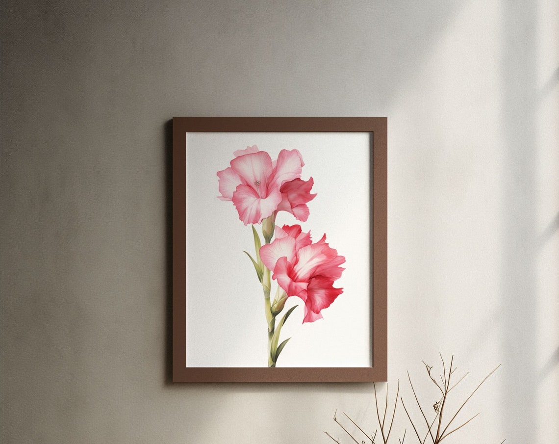 Pink Gladiolus Twin Blooms Watercolour Botanical Flower Poster