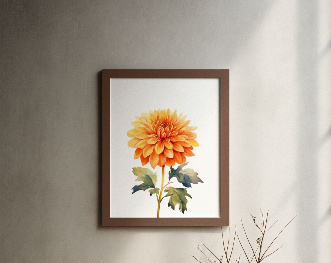 Amber Orange Dahlia Bloom Rich Watercolour Botanical Art Poster