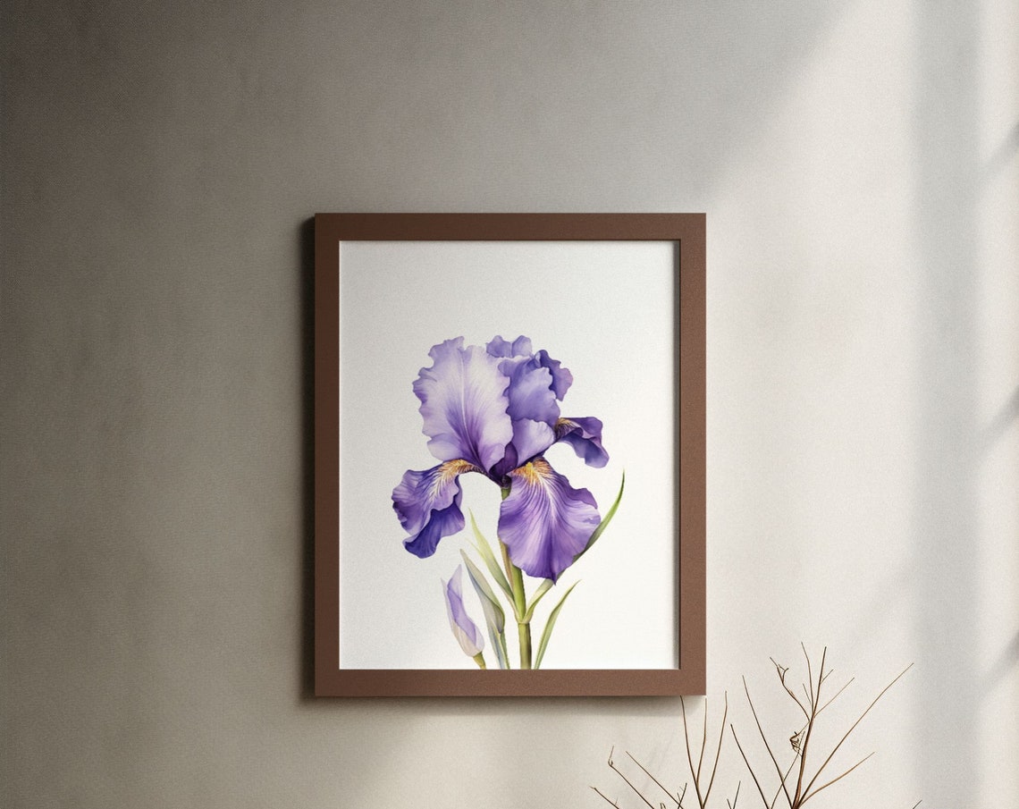 Single Purple Iris Bloom Refined Watercolor Floral Botanical Poster