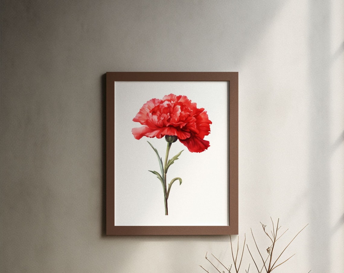 Red Carnation Tall Stem Classic Elegant Watercolor Botanical Poster