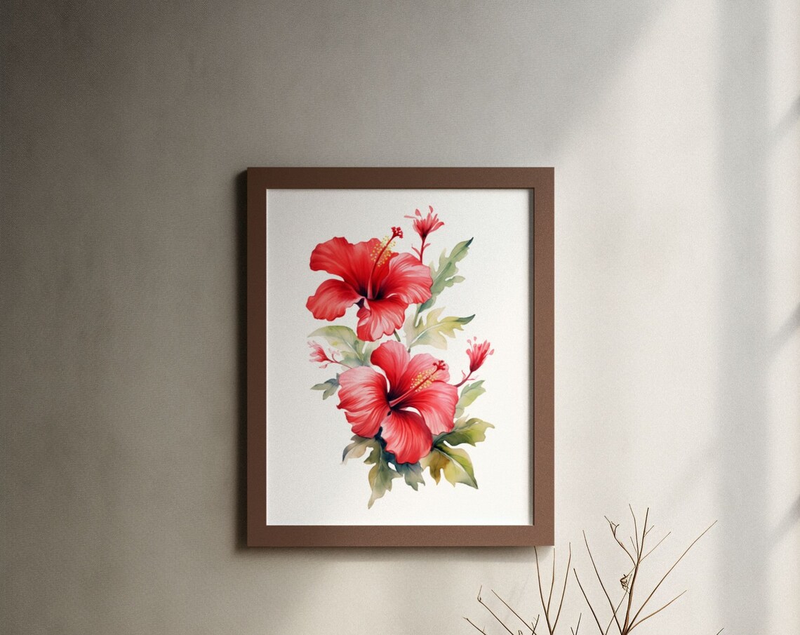Red Hibiscus Pair With Foliage Exotic Lush Watercolor Art Poster