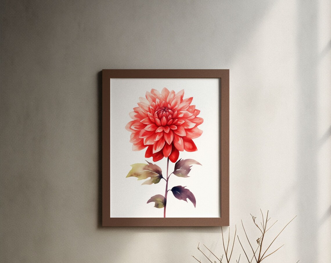 Glowing Coral Red Dahlia Bloom Watercolour Botanical Art Poster