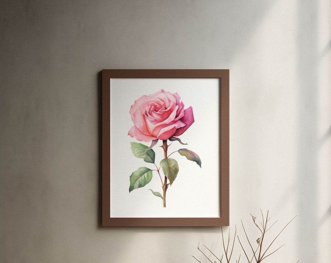 Pink Rose Single Bloom Timeless Watercolor Botanical Art Poster