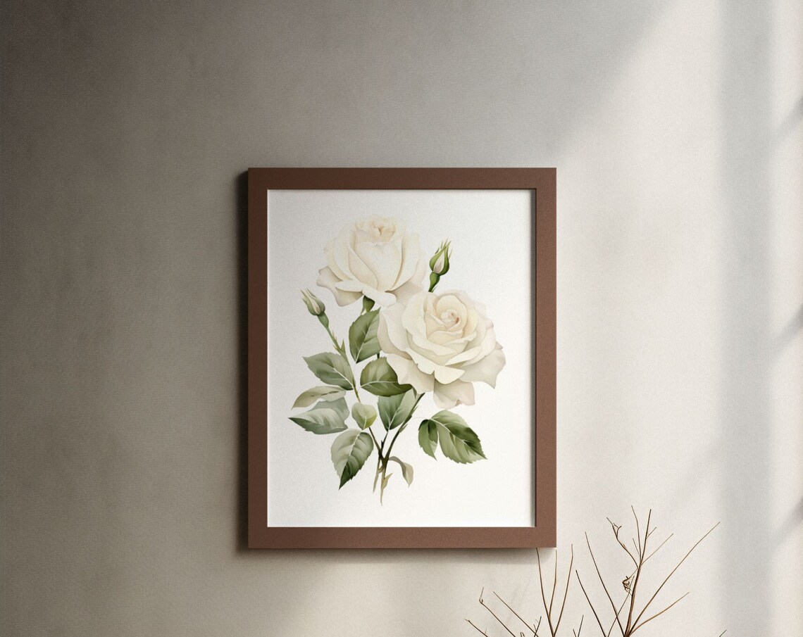 White Rose Pair With Buds Romantic Tender Watercolor Art Poster