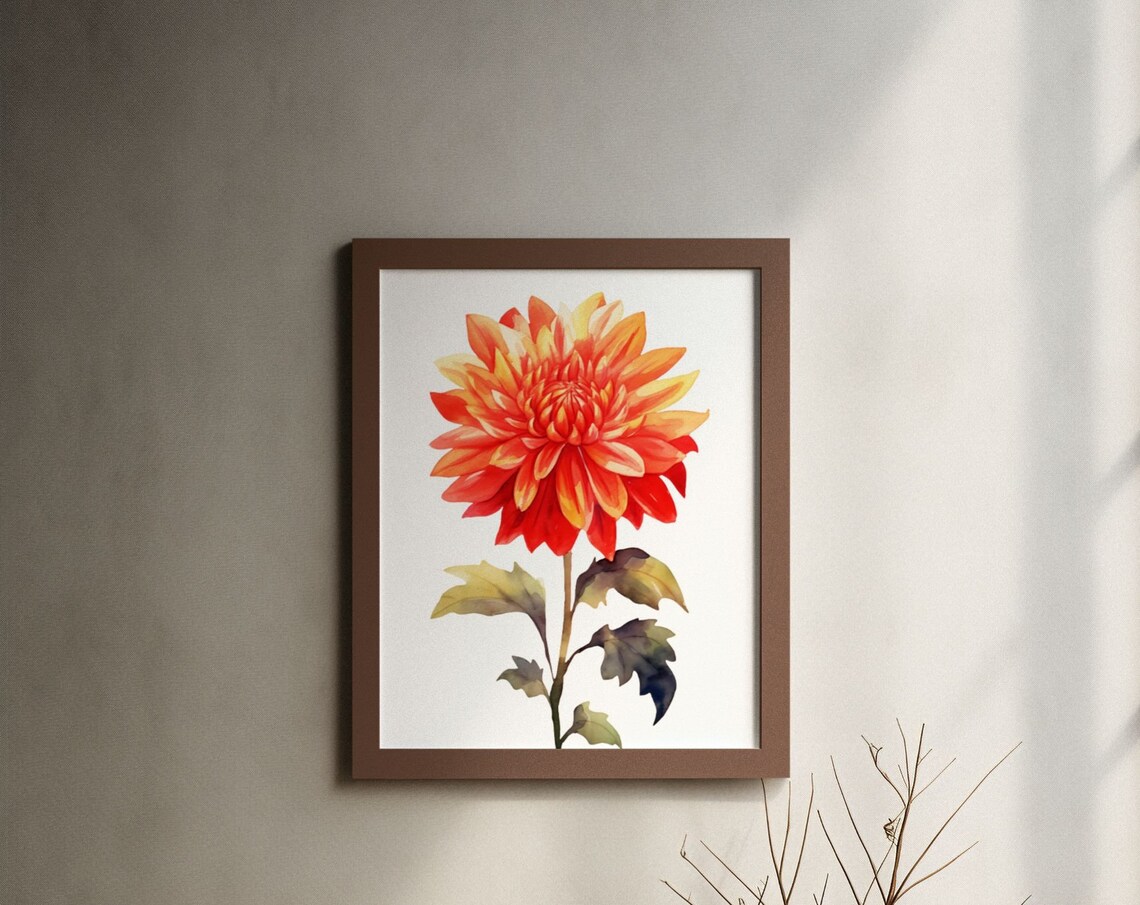Vivid Sunset Orange Dahlia Flower Watercolour Botanical Art Poster