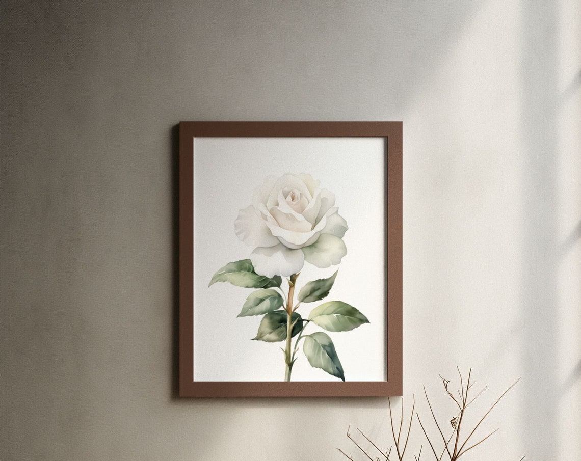 Single White Rose Timeless Watercolor Botanical Flower Art Poster