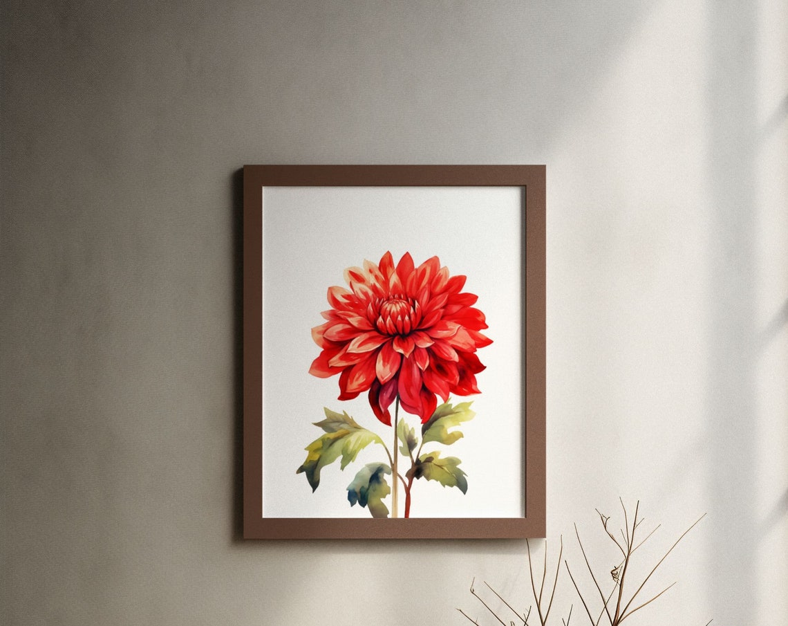 Deep Red Dahlia Single Bloom Watercolour Botanical Art Poster