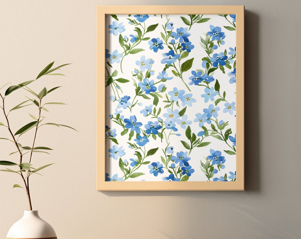 Blue Forget Me Not Blossoms All Over Watercolor Floral Poster
