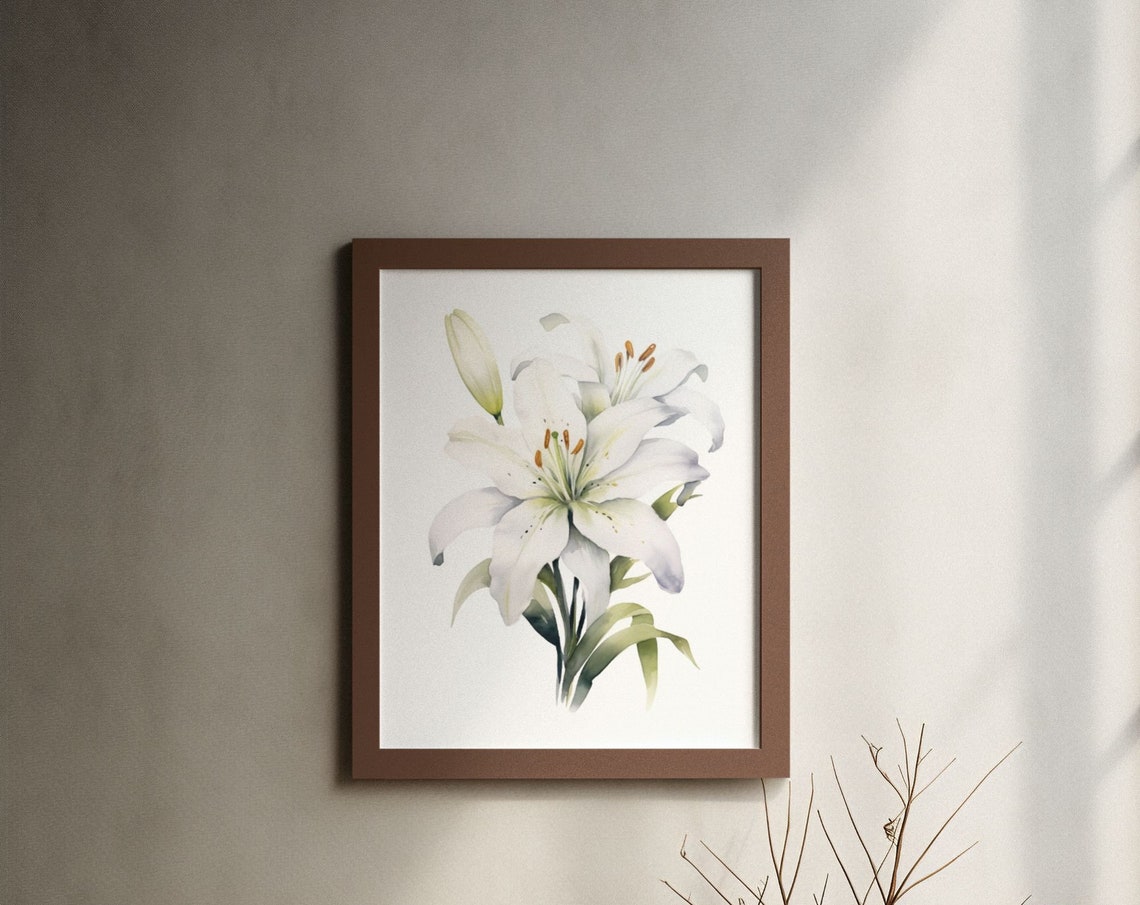White Lily Blossoms With Buds Serene Peaceful Watercolor Art Poster