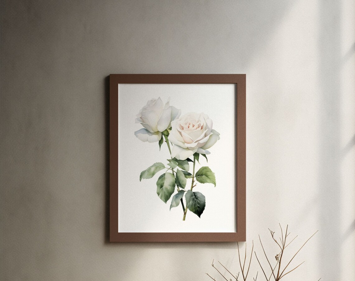Two White Roses With Green Leaves Fresh Watercolor Art Poster