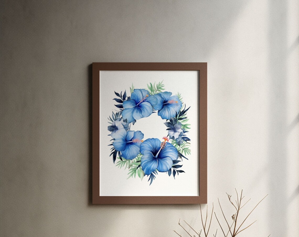 Blue Hibiscus Floral Wreath Serene Calming Watercolor Art Poster