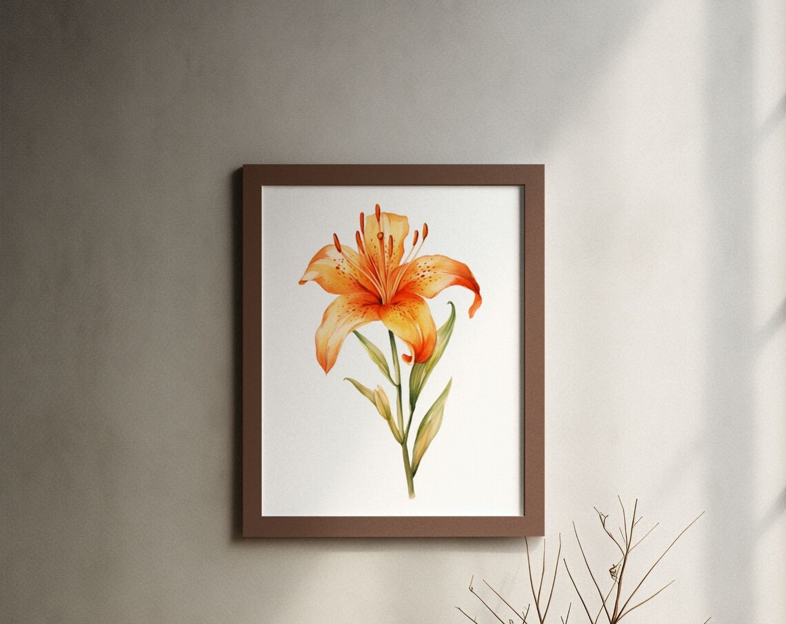 Orange Tiger Lily Bloom Fiery Watercolor Botanical Art Poster
