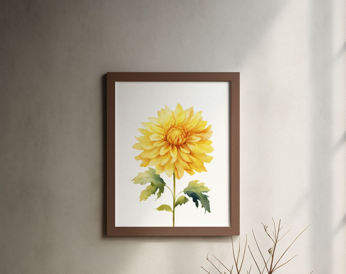 Yellow Dahlia Single Bloom Bright Watercolor Floral Botanical Poster