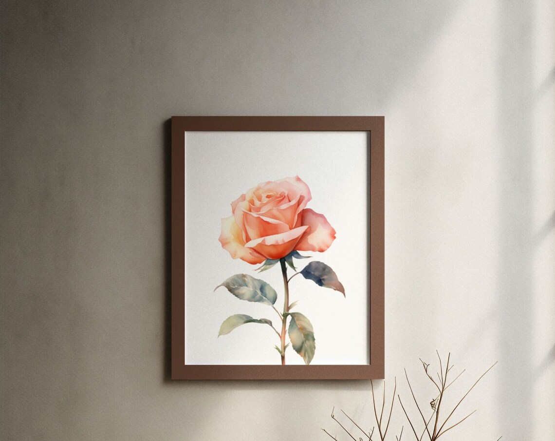 Peach Rose Single Bloom Warm Watercolor Botanical Art Poster