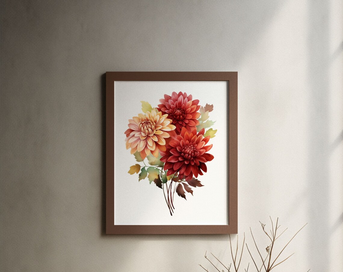 Warm Red Dahlia Autumn Bouquet Watercolour Botanical Flower Poster