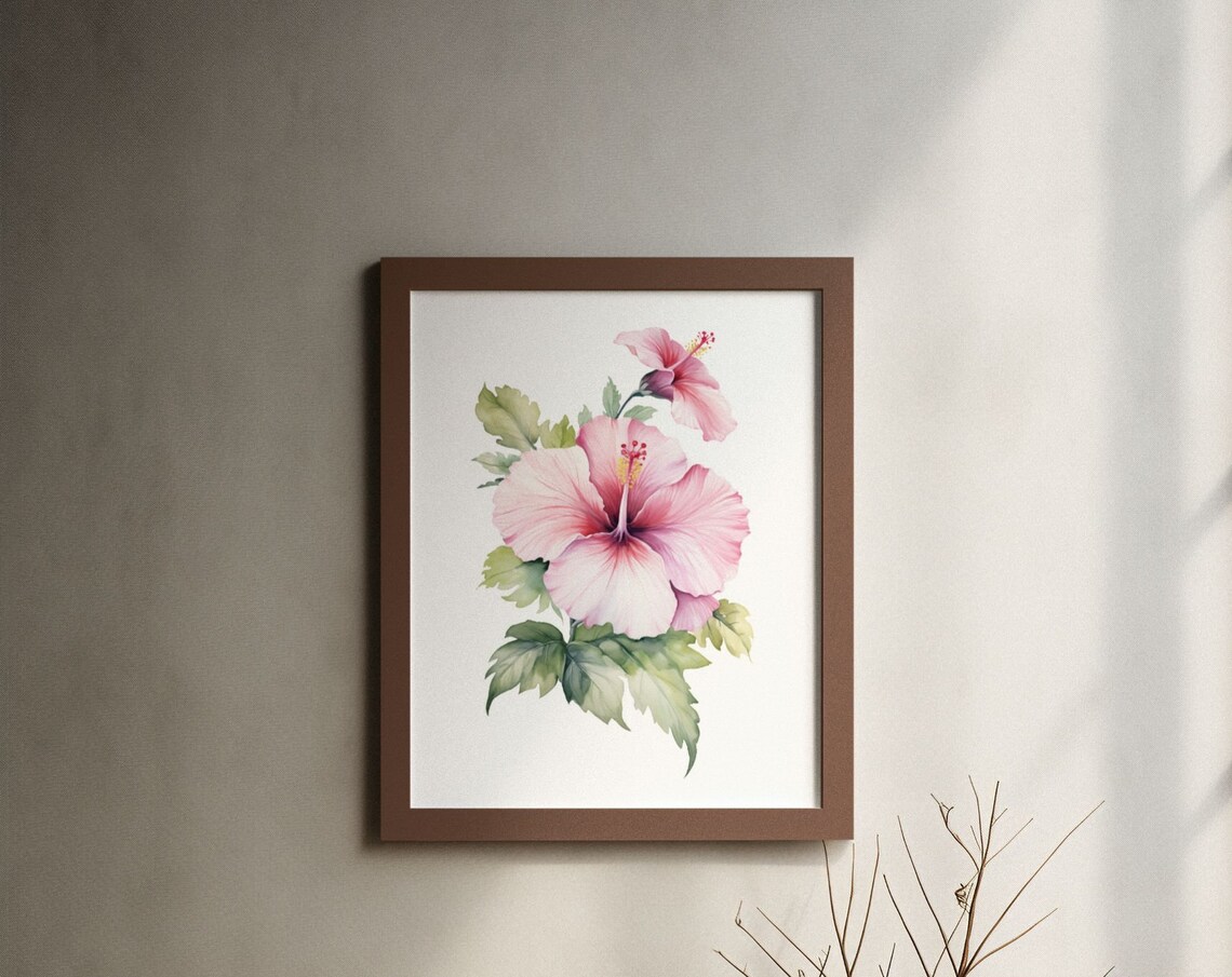 Pink Hibiscus Bloom With Bud Soft Tender Blush Watercolor Art Poster