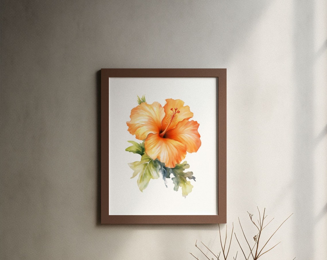 Orange Hibiscus Tropical Bloom Sunny Radiant Watercolor Art Poster