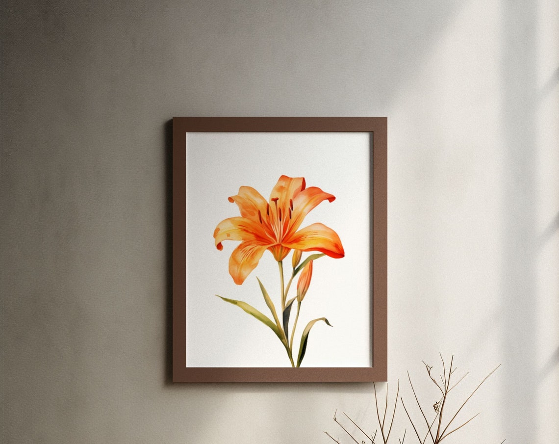 Orange Tiger Lily Single Bloom Botanical Watercolor Flower Poster