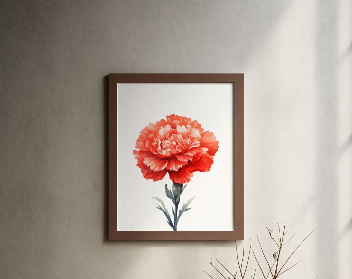 Red Carnation Close-Up Bloom Bold Dramatic Watercolor Art Poster