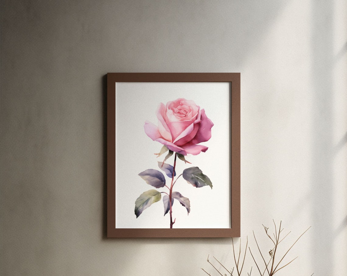 Blush Pink Rose With Dusky Leaves Romantic Watercolor Poster